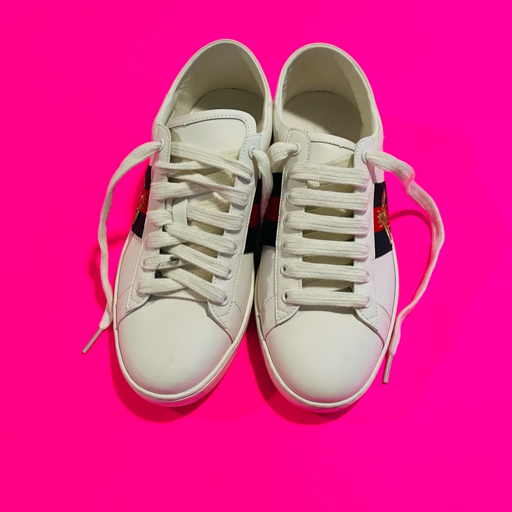 Gucci Men’s New Ace Bee White Leather Sneakers Size 41 - Picture 3 of 8